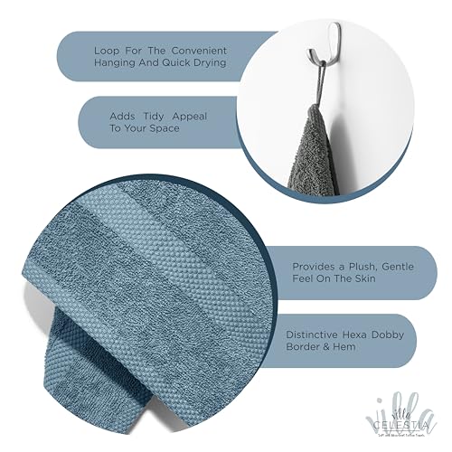 Villa Celestia Cotton Hand Towels Set of 4, 16 x 28, Oeko-TEX Certified, Quick Dry, Blue - color: Blue, size: Hand Towel - Pack of 4