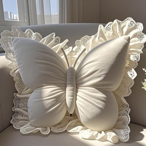 Butterfly Throw Pillow,21.6 inch Velvet Butterfly Decorative Pillow | Lace Trim,Animal Pillow for Couch Living Room Bed,Home Garden Decor - color: Off-white