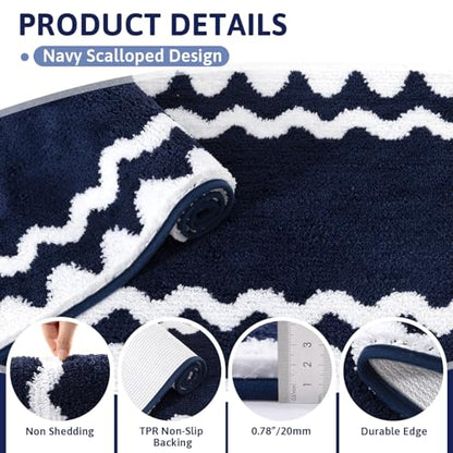 Findosom Bathroom Rugs Sets 5 Piece, Absorbent Soft Non-Slip Bath Rug Set | Washable Microfiber Shaggy Bath Mat Set with Bathroom Runner Rug, U-Shaped Toilet Rugs, Shower Rug & Toilet Lid Cover, Navy - color: Navy & White, size: 18"x26"+20"x32"+20"x48"+U