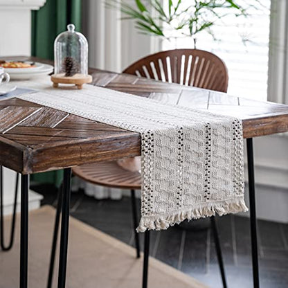 Macrame Table Runner Cream Beige Boho Table Runners with Tassels Hand Woven Cotton Table Runner Rustic Farmhouse Table Runners for Bohemian Kitchen Dining Table(12x71in) - size: 12"Wx71"L