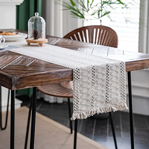Macrame Table Runner Cream Beige Boho Table Runners with Tassels Hand Woven Cotton Table Runner Rustic Farmhouse Table Runners for Bohemian Kitchen Dining Table(12x108in) - size: 12"Wx108"L