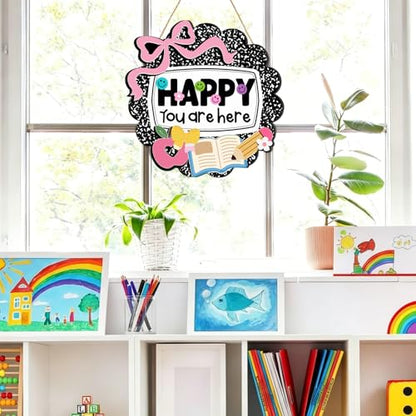Kajaia Teacher Classroom Door Sign Back to School Notebook Composition Decor 13 in Wooden Smile Face Preppy Welcome Door Sign Happy You Are Here Teacher Gift for First Day of School Preschool Wall