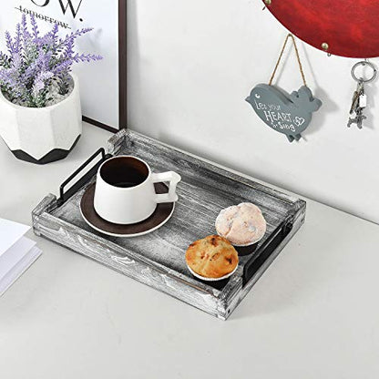 Country Rustic Torched Wood Nesting Breakfast Serving Trays with Handles, Set of 3 (White Grayish) - color: White Grayish