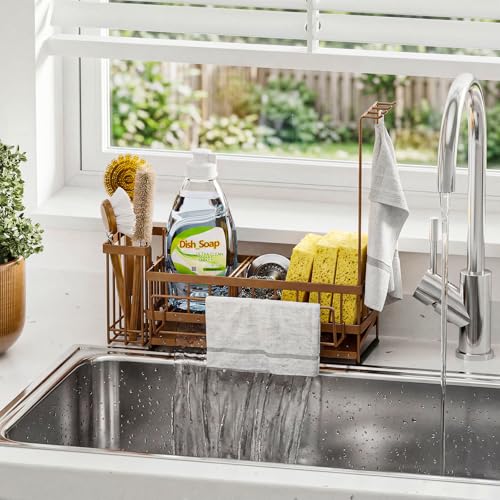 Kitchen Sink Organizer, Stainless Steel Sponge Holder, Brown | Rust-Resistant Steel, Detachable Draining Board, Compartment Divider, Brush Holder & Towel Bar, Ideal for Kitchen Storage - color: Brown