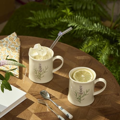 Artisanal Handcrafted Ceramic Mug with Sage Botanical Design - 10oz Off-White Stoneware Coffee Cup, Elegant Purple Sage Pattern, Dishwasher Safe, Comfort Grip Handle for Daily Use-2pack - color: Sage-2 Pack