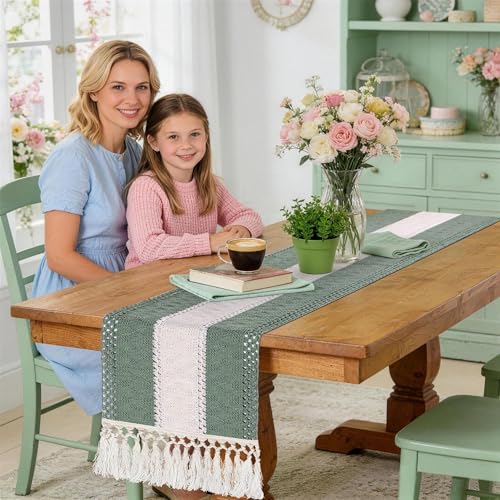 72" Sage Green Table Runner, Boho Woven Cotton with Tassels, Wedding - color: Sage Green, size: 72 inches