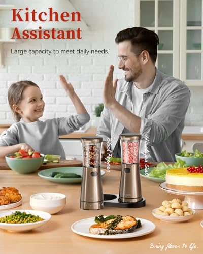 Electric Salt and Pepper Grinder Set with Storage Base, Stainless Steel Rechargeable Salt and Pepper Grinder Set with 4.5 oz Large Capacity, 1.8" Wide Mouth, Adjustable Coarseness, Ideal for Kitchen - color: Bronze