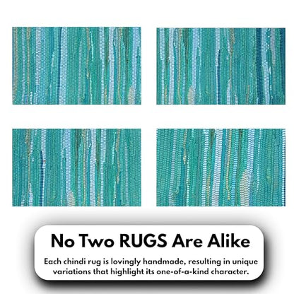 Ramanta Home Hand Woven Cotton Chindi Rag Rug 2'x3' - Teal | Recycled Reversible Rug, Boho Farmhouse - Living Room, Kitchen, Entryway- 24"x36" - color: Teal, size: 2 x 3 feet