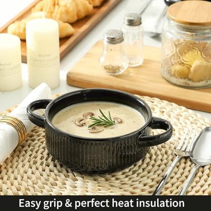 Soup Bowls with Handles, 23 oz French Onion Soup Crocks, Stackable Soup Bowl Oven Safe for Chili, Beef Stew, Embossment Ceramic Bowl Set - 5.4 Inch, Set of 4,Black - color: Black