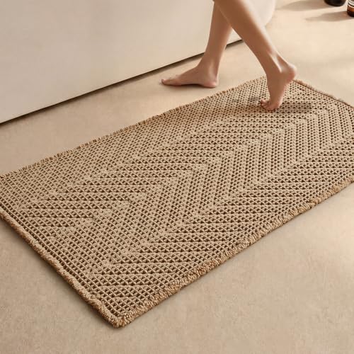 Sunfly Boho Bathroom Rug, Herringbone Waffle Bath Mat Non-Slip Washable Super Absorbent Quick Dry, Farmhouse Bath Mat for Bathroom Floor Decor 24"*48" Khaki - color: Akhaki, size: 2' x 4' (Rectangular)