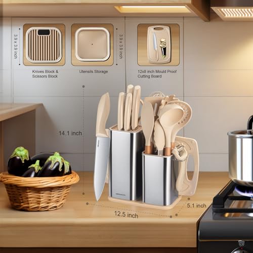 Cooking Utensils Set,18-Piece Kitchen Utensils and Knife Set,Khiki | Food-grade Silicone Utensils Heat-resistant to 410°F,5-Piece Stainless Steel Kitchen Knife with Sharpener and Cutting Board - color: Khiki