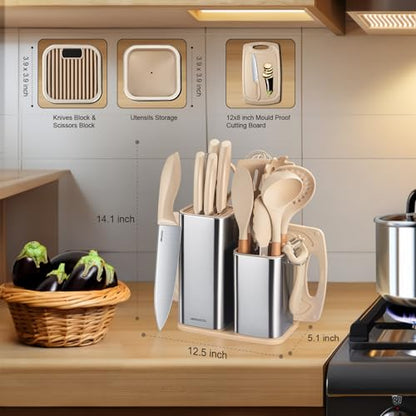 Cooking Utensils Set,18-Piece Kitchen Utensils and Knife Set,Khiki | Food-grade Silicone Utensils Heat-resistant to 410°F,5-Piece Stainless Steel Kitchen Knife with Sharpener and Cutting Board - color: Khiki