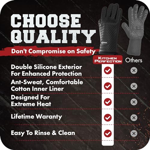 KITCHEN PERFECTION Silicone Smoker Oven Gloves -Extreme Heat Resistant BBQ Gloves -Handle Hot Food Right on Your Smoker Grill Fryer Pit|Waterproof Oven Mitts Grill Gloves |Superior Value Set+3 Bonuses | Waterproof, 5-Finger Design For A Better Grip, for P