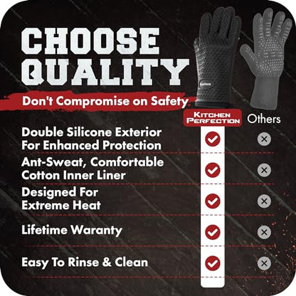 KITCHEN PERFECTION Silicone Smoker Oven Gloves -Extreme Heat Resistant BBQ Gloves -Handle Hot Food Right on Your Smoker Grill Fryer Pit|Waterproof Oven Mitts Grill Gloves |Superior Value Set+3 Bonuses | Waterproof, 5-Finger Design For A Better Grip, for P