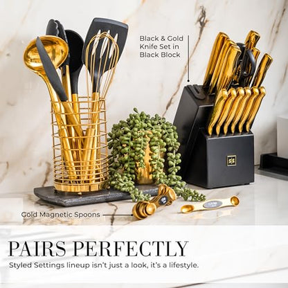 Styled Settings Black and Gold Kitchen Utensils Set with Holder, 7-Piece | Nonstick BPA-Free Silicone Cooking Utensils Set with Gold Utensil Holder, Luxury Kitchen Accessories - color: 7 Piece Black & Gold