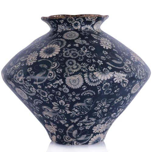 Wabi Sabi Rusty Vintage Vase, 11.4" Tall Wabi Sabi Decor Rustic Farmhouse Pottery Vase for Centerpiece, Textured Pottery Flower Vases for Home Decor, Table, Living Room, Bathroom, Kitchen (11.4 in) - color: Blue White Floral, size: 11.4 in