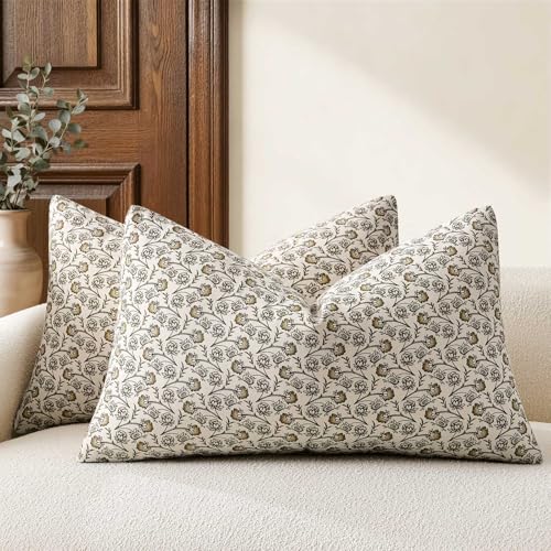 Ditsy Floral Lumbar Pillow Covers Set of 2, 12x20 Inch Latte | 100% Organic Cotton, Soft Breathable, Farmhouse Cottage Block Print Cushion Covers, Handcrafted for Sofa Couch Living Bedroom - color: Latte, size: 20" x 12" (Pack of 2)