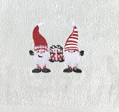 Christmas Gnomes Hand Towel Set: Light Grey Velour Bathroom Towels with Red White Embroidery Jolly Nordic Gnome Friends - color: Gnome Friends