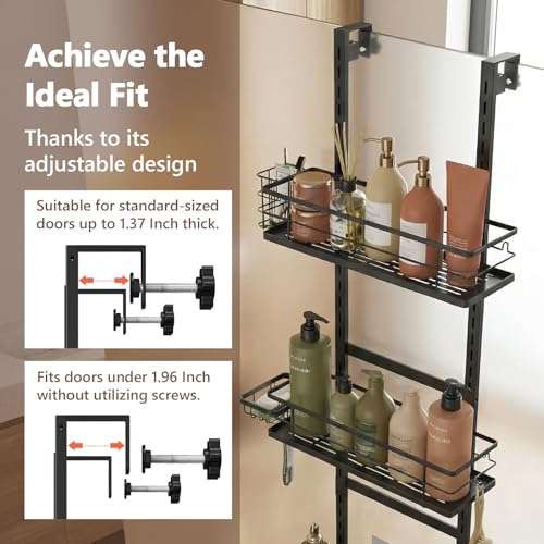 Over The Door Shower Caddy, 304 Stainless Steel Organizer, Black | Hanging Bathroom, Pantry & Kitchen Storage Rack. No Drilling With 3 Adjustable Shelves, 14 Hooks