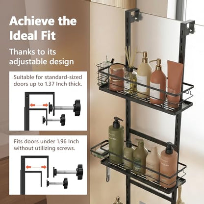 Over The Door Shower Caddy, 304 Stainless Steel Organizer, Black | Hanging Bathroom, Pantry & Kitchen Storage Rack. No Drilling With 3 Adjustable Shelves, 14 Hooks