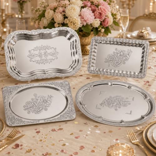 Rtteri 4 Pack 15.7" x 11.8" Large Silver Serving Trays for Party Set, Floral Engraved Serving Platters, Wedding Birthday Mirror Tray for Party, Appetizer, Charcuterie, Cookies, Desserts (Vintage) - style: Vintage