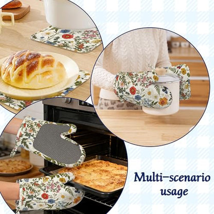 Wildflowers Butterfly Pot Holders and Oven Mitts Set Silicone Tropical Herbs Kitchen Gloves Potholders Heat Resistant Washable,Chef Cooking Baking Gifts for Women Men Bakers Lover Cooks - color: Wildflowers Butterfly,tropical Herbs