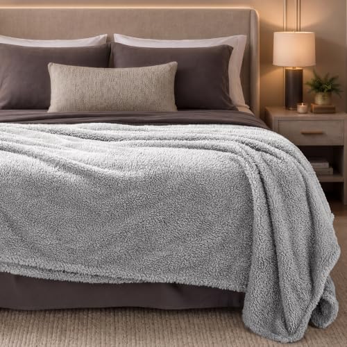 Bare Home Faux Shearling Blanket (Full/Queen, Solid Light Grey) | Blanket for Bed, Sofa, Couch, Camping, Travel, and Gifts, Warm & Lightweight, Fluffy & Soft - color: 04 - Solid Light Grey, size: Full/Queen