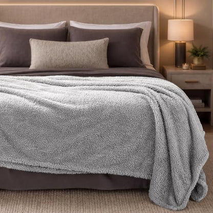 Bare Home Faux Shearling Blanket (Full/Queen, Solid Light Grey) | Blanket for Bed, Sofa, Couch, Camping, Travel, and Gifts, Warm & Lightweight, Fluffy & Soft - color: 04 - Solid Light Grey, size: Full/Queen