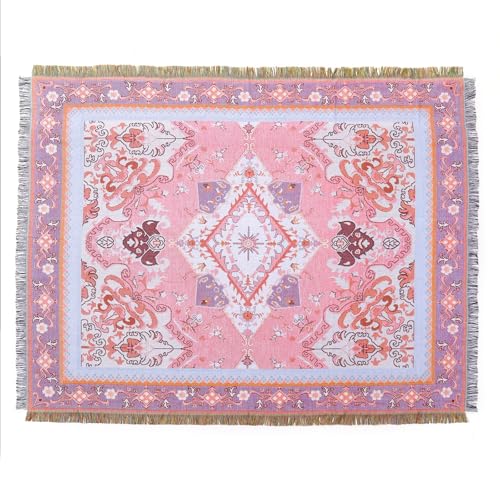 LumiSyne Cotton Woven Throw Blanket With Tassel Bohemian Tribal Ethnic Style Geometric Pattern Aztec Navajo Blanket Decorative Throw For Sofa Bed Armchair Camping Tapestry Tablecloths Carpet 160x130cm - color: Pink Diamond
