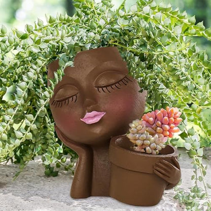 Face Planter Pot, Lady Head Planter with Drainage Holes, Brown | Dual-compartment lady head planter with drainage holes for succulents, cactus, and air plants - color: Brown