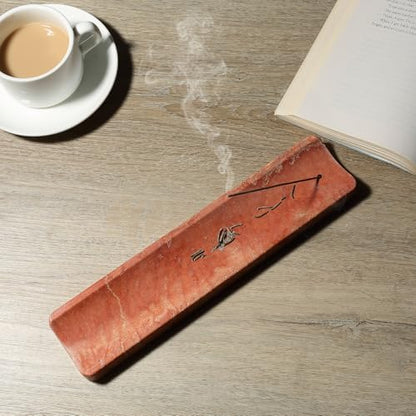 Natural Travertine Incense Holder, Incense Holder for Sticks with 9 Holes, Handmade Incense Burner Ash Catcher for Meditation Yoga SPA, Balsam Fir/Palo Santo/Sage/Cone Incense Holder(Red) - color: Red Travertine