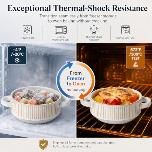 26 Oz Soup Bowls with Handles, French Onion Soup Crocks, Ceramic Soup Bowls Set of 4, Embossed Stackable Bowl for Chili, Beef Stew, Pasta, Casseroles Dish, 6 inch, Oven Dishwasher Safe