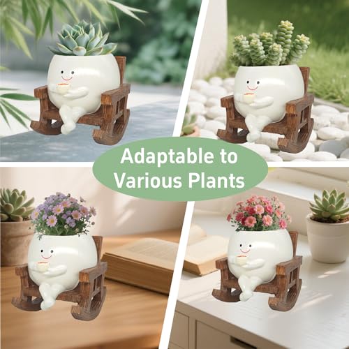 Smiley Face Planter Pot, Cute Coffee Plant Pots for Indoor Outdoor | Unique Rocking Chair Plant Pot for Succulents Plants Live with Drainage Hole,Gift IdeaI for Mother and Christmas（Large） - size: Large