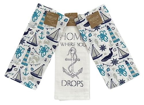 Summer Kitchen Dish Towel Set: Two Lighthouse Ocean Life Design, One Home is Where Your Anchor Drops Set of 3 (Coastal) - color: Coastal Anchor