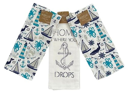 Summer Kitchen Dish Towel Set: Two Lighthouse Ocean Life Design, One Home is Where Your Anchor Drops Set of 3 (Coastal) - color: Coastal Anchor