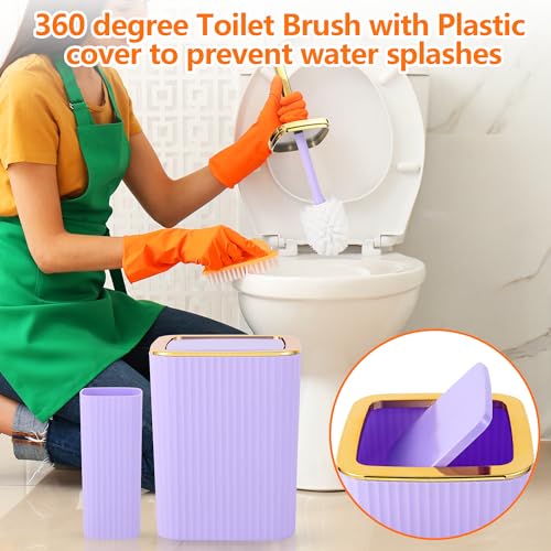 9 PCS Purple Bathroom Accessories Set with Trash Can Bathroom Accessory | All-in-One Kit with Trash Can,Toothbrush Holder,Soap Dispenser,Toothbrush Cup,Vanity Tray,Soap Dish,Toilet Brush etc for Home - color: Purple