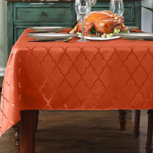 SASTYBALE Fall Square Jacquard Tablecloth, Rust/Burnt Orange, 52"x52" | Damask Fabric, Water Resistant, Wrinkle Free, Spill-Proof, Autumn Decor for 2- 4 Seats Thanksgiving Holiday Dining Kitchen - color: Burnt Orange, size: 52" x 52" (Square)