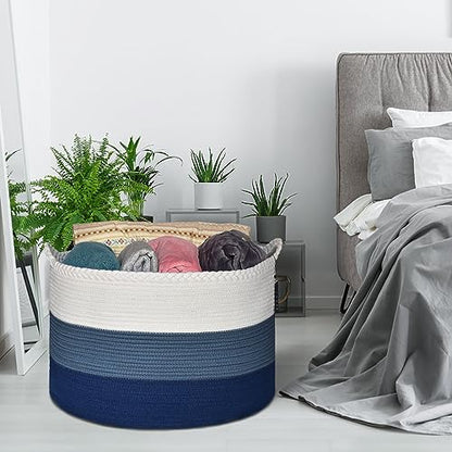 COMSE XXXLarge Woven Blanket & Laundry Basket, 87L, White & Blue | 21.7" x 13.8", Cotton Rope, Nursery Hamper for Storage of Toys Clothes Towels, Ideal for Living Room Bedroom Bathroom - color: White & Cadet Blue & Navy Blue