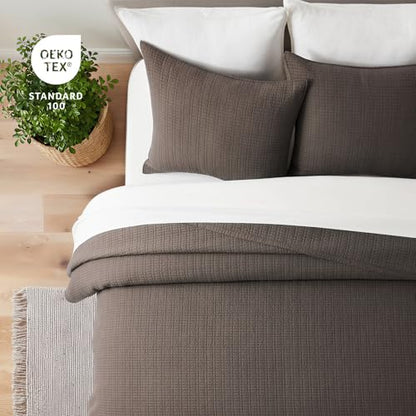 100% Cotton Modern Grid Stitch Quilt Set, Queen Size, Dark Brown | Pre-Washed Cotton Coverlet Bedspread, Oversized Lightweight 3-Piece Bedding Set for All Season, with 2 Pillow Shams - color: Dark Brown, size: Full/Queen (96" X 94")