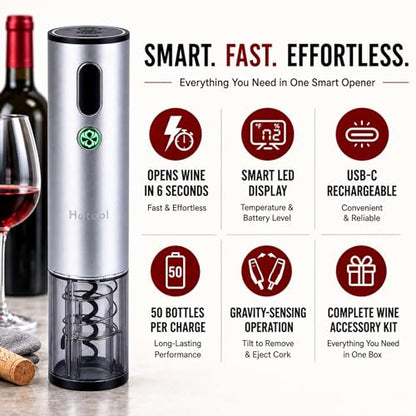 Electric Wine Opener with Wine Accessories -Rechargeable Wine Bottle Opener Set with Base, Wine Aerator, Foil Cutter and Wine Stoppers- Perfect Wine Gifts for Wine Lovers