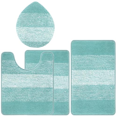 Bsmathom Bathroom Rug Set 4 Piece, Plush Microfiber Bath Mat, Teal | Super Water Absorbent, Non Slip Machine Washable Bath Rug Sets with Toilet Lid Cover and U-shaped Contour Toilet Mat - color: Teal, size: 18"x26"+20"x31"+U20"x24"+Cover19"x21"