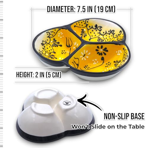 3-Compartment Ceramic Serving Dish, Handmade in Spain | 7.5” divided chip and dip bowl with lead-free glaze, microwave, oven and dishwasher safe, ideal for tapas, snacks and sauces - color: Onyx Yellow