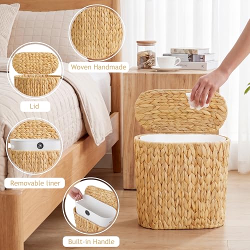 iEGrow 3 Gallon Wicker Trash Can, Bathroom Trash Can with Lid, Narrow Natural Water Hyacinth Waste Basket with Removable Liner, Boho Garbage Can for Bedroom, Office, Small Spaces Living Room, Toilet - color: Brown, size: Oval