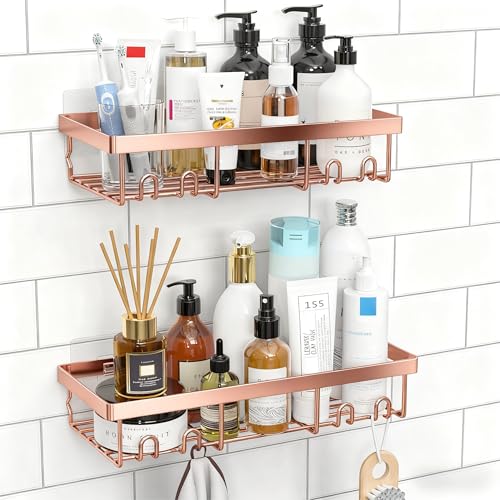 Moforoco Shower Caddy Shelf Organizer Rack, Self Adhesive Black Bathroom Shelves Basket, Home Farmhouse Wall Inside Organization and Storage Decor Rv Accessories, First Camper Apartment Essentials - color: Rose Gold, size: Medium