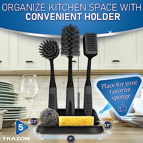 Dish Brush Set of 5 with Holder - Kitchen Scrub Brushes with Non-Slip Long Handle for Cleaning, Scrubber, Dishwashing, Dishes, Bottles, Straws, Cups, Pots & Sink, Black - color: Black