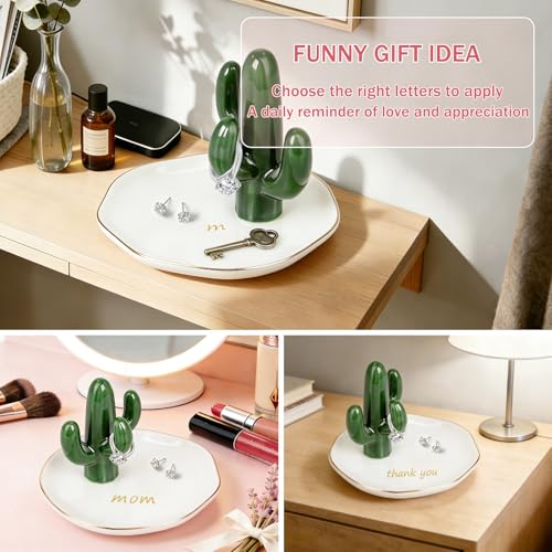 LUCKINEE Ceramic Jewelry Tray Round Ring Dish Trinket Dish Gifts for Women | Personalized Birthday Gifts for Mom Dad,Sisters and Friends,with 1pc Gold Puffy Letter Sticker A-Z, With 1pc Greeting Card - color: DIY Cactus Style - A-Z