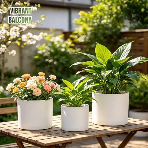 10/9/8 Inch Plant Pots 3 Pack, with Drainage Hole & Saucers | Cylindrical plastic planters with drainage holes & saucers. Modern matte finish, lightweight & durable for indoor/outdoor use - color: Matte White