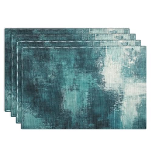 Emvency Farmhouse Placemats Set of 4, 12x18 Inch, Teal and White | Vintage Abstract Art Painting Table Mats for Outdoor Home Party Kitchen Dining Decoration - color: Abstract Teal White, size: Set of 4