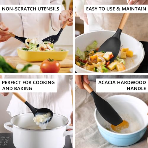 Silicone Cooking Utensils Set of 5, Heat Resistant Silicone Kitchen Utensils Set with Wooden Handle, BPA Free Spatula Spoon Turner Ladle Cooking Kitchen Gadgets for Nonstick Cookware & Baking - color: Black, size: Standard 5-Piece Set