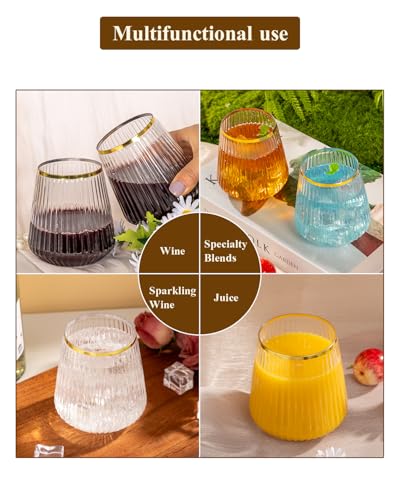 Goodluck 80 Pack 12oz Stemless Clear Ribbed Plastic Wine Glasses Gold Rim | Fancy Reusable Disposable Drinkware for Weddings, Parties, Bars, Indoor and Outdoor Events - color: Clear and Gold